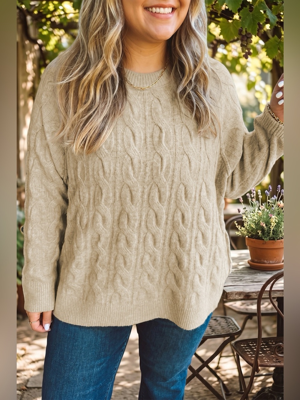Plus Size Oversized Cable Knit Long Sleeve Round Neck Sweater